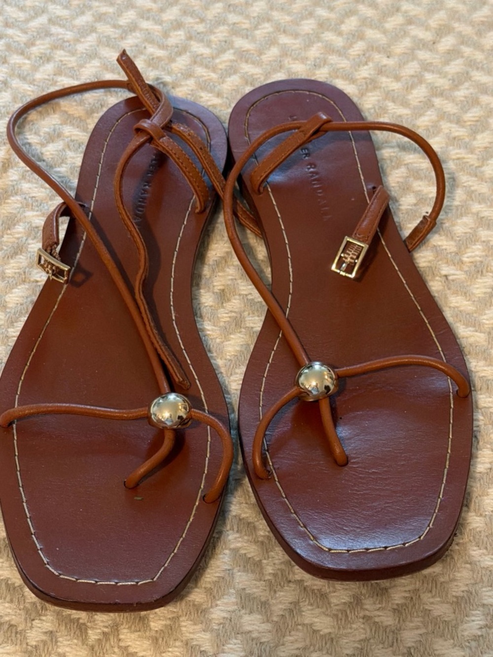 Women’s Brown Leather T-Strap Sandals with Metallic Accent